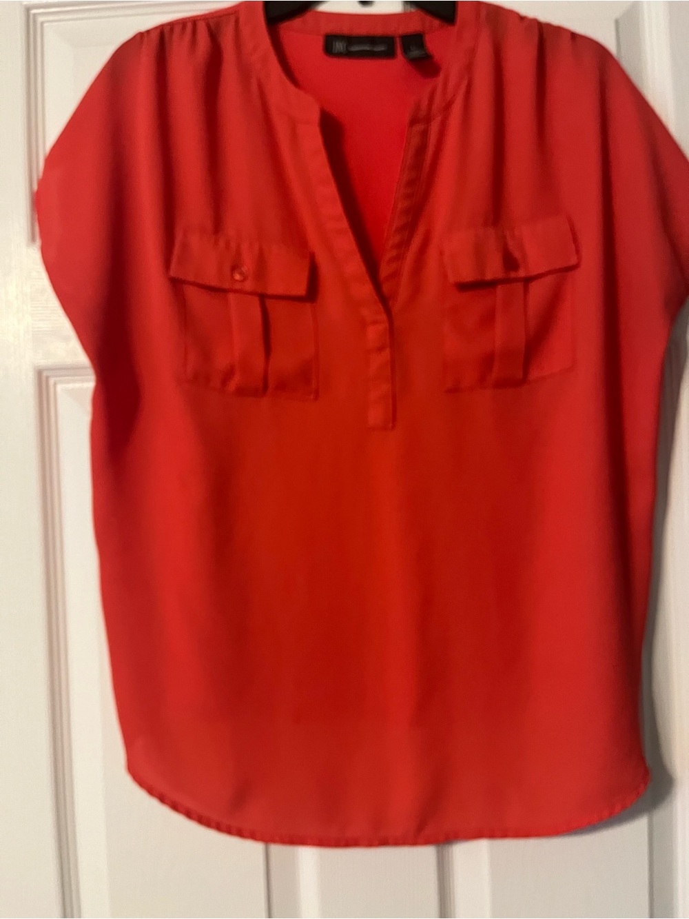 INC International Concepts Bright Red Split-Neck Blouse with Patch Pockets